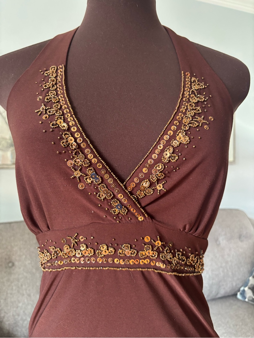 Vintage Brown Halter Tank Top with Gold Embellishment - Picture 5 of 6